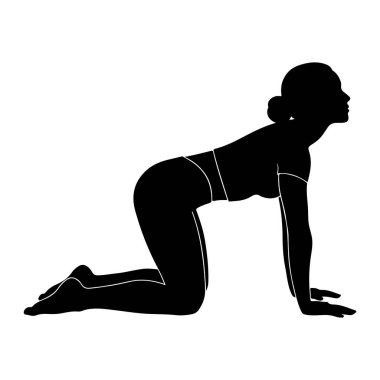 Ellerinin ve dizlerinin üzerinde, kavisli ve başı yukarıda yoga pozu veren siyah bir kadın silueti. Siluet beyaz bir arkaplanda izole edilmiş..