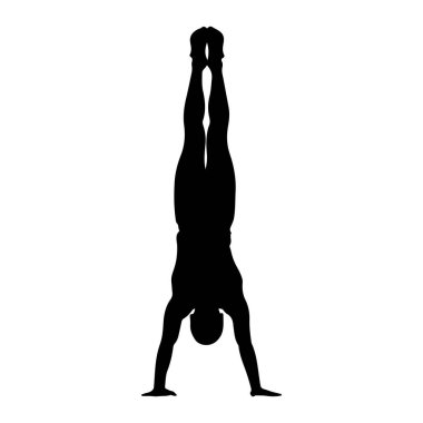 Bir kişinin amuda kalkarken ki saf siyah silueti, temiz beyaz bir arkaplanda tasvir edilir. Şekil ters çevrilmiş, elleri yerde ve bacakları dikey olarak yukarı doğru uzanıyor. Siluet açıkça vücudun hatlarını belirtiyor.