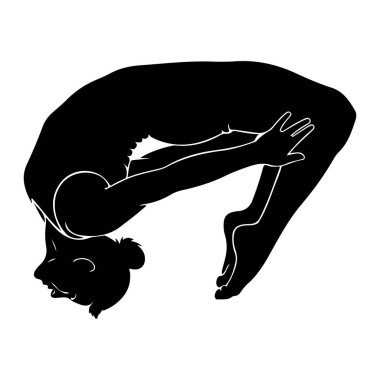 Bir kişinin siyah silueti derin bir yoga pozunda tasvir edilir. Şekil kavisli, başı dizlere doğru kıvrılmış ve bacakları bükülmüş ve gövdeye doğru getirilmiş. Bir kolu uzatılmış, diğer kolu kalçasında dinlenirken, diğer kolu da...