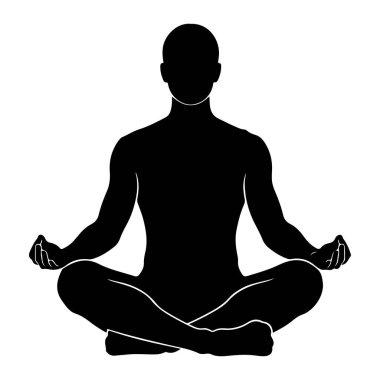 Lotus pozisyonunda oturan, elleri dizlerinin üzerinde, yüzü öne dönük siyah bir siluet. Şekil, şeklini ve duruşunu vurgulayan düz beyaz bir arkaplan üzerinde resmedilmiştir. Vücudun ana hatları net bir şekilde tanımlanmıştır.