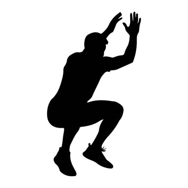 Siyah bir siluet, orta atlayışta yakalanmış, vücudu yukarı doğru açılı ve kolları açık. Şekil dinamik bir pozla tasvir edilmiş, hareket ve efor gerektiriyor. Siluet, düz beyaz bir arkaplana karşı koyu siyah.