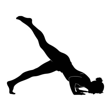Bir kişinin siyah silueti dinamik bir yoga pozuyla tasvir edilir. Şekil ellerinin üzerinde dengelenmiş, gövdeleri genişlemiş ve bir bacağı havaya kalkmış. Siluet, düz beyaz bir arkaplan üzerinde, formu vurguluyor ve ben...