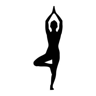 Yoga ağacı pozunda, Vrikshasana olarak da bilinen kişinin siyah bir silueti bembeyaz arka planda resmedilir. Şekil bir bacağının üzerinde duruyor, diğer ayağı da ayakta duran bacağın iç kısmına. Kollar yukarıda.