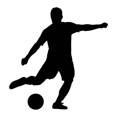 Bir futbol oyuncusunun siyah silueti, futbol topunu tekmeliyor. Oyuncu belden yukarısına doğru tasvir edilir, bir bacağı topa vurmak için açılır ve diğeri denge için eğilir. Bu figür tamamen siyah ve beyaz bir sırt deliğine karşı.