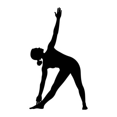 Yoga üçgeni pozunda siyah bir kadın silueti. Vücudu genişlemiş ve açılı, bir bacağı önde, diğeri arkada. Gövdesi yana doğru bükülmüş, bir kolu yukarı uzanıyor ve diğeri de ayağına doğru uzanıyor. Siluet.