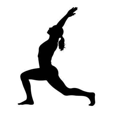 Savaşçı yoga pozunda siyah bir kadın silueti tasvir edilir. Vücudu profilde, bir bacağı önde ve bükülmüş, diğer bacağı da arkasında uzanıyor. Kolları yukarıda, bir kolu yukarı uzanıyor ve diğeri hafifçe bükülüyor. Merhaba.