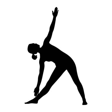 Üçgen yoga pozunda siyah bir kadın silueti tasvir edilir. Vücudu açılı, bir bacağı önde, diğeri de dizinde bükülmüş. Gövdesi bükülmüş, sağ eli yere doğru uzanıyor ve sol kolu uzanıyor.