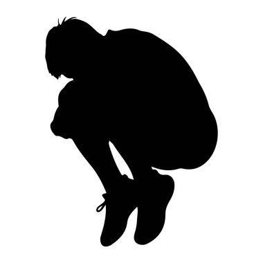 Bir kişinin siyah silueti beyaz bir arka plana karşı çömelmiş bir pozisyonda tasvir edilir. Şekil yandan gösteriliyor, başları eğik ve dizleri bükük, sarmal enerji veya hareket hazırlığı hissi veriyor. Silüet.