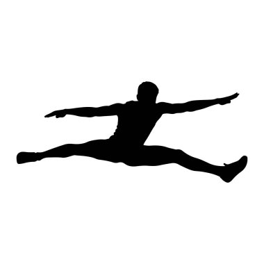 Bir erkek dansçının siyah silueti havada bölünürken yakalandı. Kolları dışa doğru açılır ve bacakları yatay olarak açılır. Bu figür, dinamik duruşu ve duruşu vurgulayan beyaz bir arkaplan üzerinde izole edilmiştir.