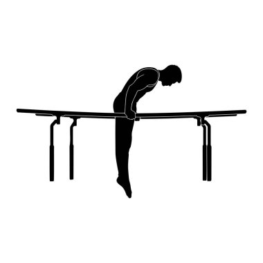 Paralel barlarda siyah bir erkek jimnastikçinin silueti gösteriliyor. Elleriyle parmaklıklara tutunuyor ve vücudu eğik bir pozisyonda, bacakları aşağıya doğru uzanıyor. Paralel çubuklar siyah ve destekleyici bacakları var