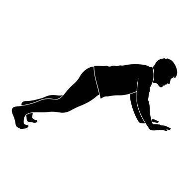 Bir erkek figürünün siyah silueti tahta bir pozisyonda tasvir edilir, elleri yerde ve vücudu düz bir çizgide uzanır. Bu figür şort giyiyor. Arkaplan düz beyaz.