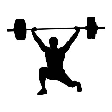 Halter egzersizi yapan kaslı bir erkek atletin siyah silüeti. Kolları yukarıda, halterin her iki ucunda ağırlık olan bir halterle hareket halinde. Arkaplan düz beyaz.