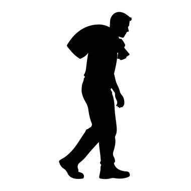 Sağ omzunda büyük bir çanta taşıyan bir adamın siyah silueti. Adam profilden tasvir ediliyor, sağa bakıyor, sol bacağı ileri doğru yürüyen bir adımda. O, pantolon ve gömlek de dahil olmak üzere günlük giysiler giyiyor. Arka taraf.