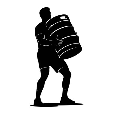 Şort ve tişört giyen bir adamın siyah silueti büyük bir fıçı ya da fıçı taşırken resmedilir. Adam yandan gösteriliyor, kollarını namluya dolamış, kaldırıyor. Namluda yatay bantlar ve görülebilir bir kol var. Silhou.