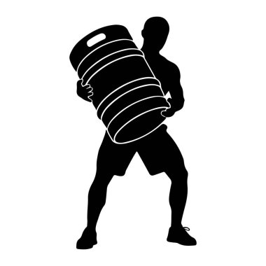 Kaslı bir adamın siyah silueti göğüsten aşağıya doğru büyük, çizgili bir fıçı tutarken resmedilir. Adam şort ve spor ayakkabısı giyiyor, bacakları bükülmüş ve kolları namluya dolanmış, bu da ciddi bir ağırlık taşıdığını gösteriyor.