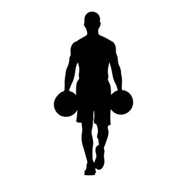 Siyah bir siluet, her iki elinde ağırlığı olan bir adamın öne doğru yürümesi. O şort ve spor ayakkabıları giyiyor. Arkaplan düz beyaz.