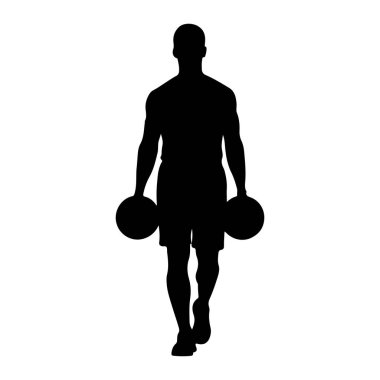 İki elinde birer el, iki yuvarlak ağırlık taşıyan bir adamın siyah silueti. Şekil, düz beyaz bir arkaplana karşı tasvir edilir.