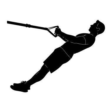 Siyah siluet bir adamın süspansiyon eğitmeniyle egzersiz yaptığı gösteriliyor. Kolları iki eliyle tutuyor, vücudu açılı ve arkaya yaslanıyor, bu da bir çekme hareketi içinde olduğunu gösteriyor. O şort ve spor ayakkabıları giyiyor. Ka...