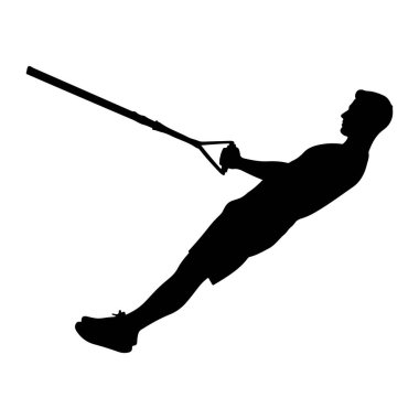 Süspansiyon eğitmeniyle egzersiz yapan siyah bir siluet. Arkaya yaslanıyor, kollarını elleriyle tutuyor, ve bacakları öne doğru uzanıyor, dizleri bükülüyor. Süspansiyon antrenörü yukarı ve sola doğru açılı. Şey... 