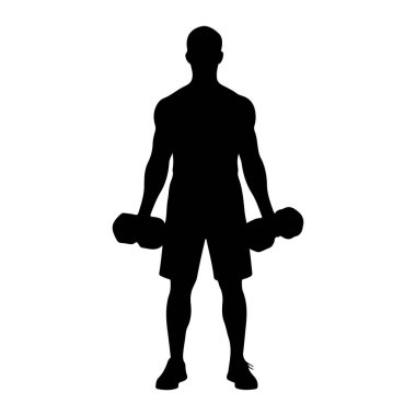 Her iki elinde dambıl tutan ve ayakta duran bir adamın siyah silüeti. Adam şort ve spor ayakkabısı giyiyor. Arkaplan düz beyaz.