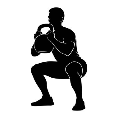 Kettlebell çömelmesi yapan siyah bir adam silueti. Adam sola bakıyor, iki eli göğsünün önünde bir kettlebell tutuyor. Dizleri bükülmüş ve bedeni çömelmiş durumda. Siluet simsiyah.