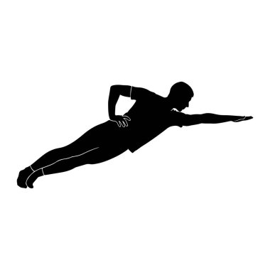 Bir adamın siyah silueti dinamik ve atletik bir pozla tasvir edilir. Bir kolu dümdüz, avuç içi aşağıya dönük bir şekilde öne doğru eğiliyor. Diğer eli kalçasına yerleştirilmiş. Vücudu açılı, bacakları arkasında ve ayakları arkasında. 