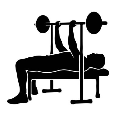Ağırlık bankında uzanmış, göğüs presi egzersizi yapan siyah bir siluet. Kişi halterin iki ucunda ağırlık olan bir halter tutuyor, bir askı tarafından destekleniyor. Resim, beyaz bir arkaplana karşı basit bir grafik gösterimidir.
