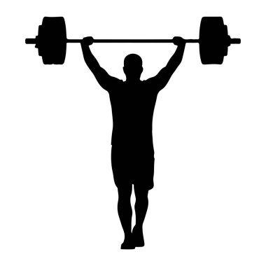 Üzerinde halter olan siyah bir siluet durmaktadır. Kişi şort giyiyor ve halter egzersizinin ortasında gibi görünüyor. Halterin iki ucunda da ağırlık var. Arka plan bembeyaz..