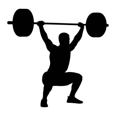 Halter hareketinde kaslı bir adamın siyah silueti tasvir edilir. Kolları tamamen yukarıda, ağır bir halter tutarak çömelmiş vaziyette. Halterin her iki ucunda büyük ağırlık plakaları var. Şekil koyu siyah ag.