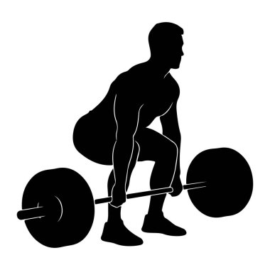 Halter pozu vermiş siyah bir adam silueti, halteri iki eliyle tutuyor. Dizleri bükük ve sırtı hafif kavisli bir şekilde çömelmiş, ağırlığı kaldırmaya hazırlanıyor. Halterin iki ucunda da dairesel ağırlık plakası var. Görüntü 