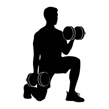 Dambıllarla hamlesini yapan bir adamın siyah silueti. Bir dizinin üzerinde, diğer bacağı önde, her iki elinde de bir dambıl tutuyor. Siluet düz beyaz bir arkaplana karşı..