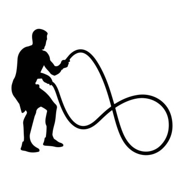 Spor şortlu bir adamın siyah silueti savaş ipi egzersizi yaparken gösteriliyor. Kalın bir ipin uçlarını tutuyor, bu da havada dalga benzeri bir şekil oluşturuyor. Adamın bedeni açılı, bu da demek oluyor ki bir güç gösterisinin tam ortasında.