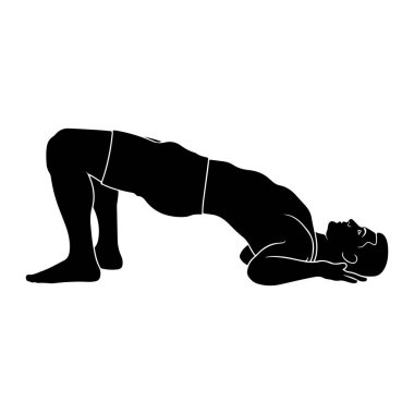 Köprü pozu veren siyah bir siluet. Dizleri bükülmüş ve ayakları yere basıyor. Sırtı yukarı doğru kavisli ve elleri başının arkasında. Şekil beyaz bir arkaplanda izole edilmiştir..