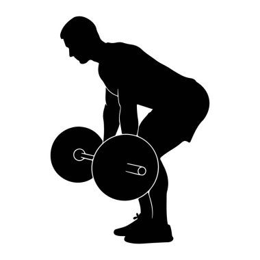 Siyah bir siluet, halterle eğilip egzersiz yapan bir adam. Adam yandan tasvir ediliyor, vücudu beline ve dizlerine eğik, iki eliyle bir halter tutuyor. Halterin her iki ucunda dairesel ağırlık plakaları var. Şey...