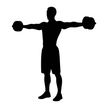 Yanal dambıl kaldırma egzersizi yapan siyah bir siluet. O, iki elinde bir dambıl tutarak kollarını yanlara doğru uzatarak ayakta duruyor. Arkaplan düz beyaz.