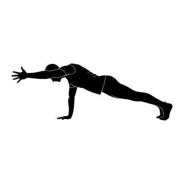 Siyah bir erkek silueti bir tahta pozisyonda tasvir edilir, vücudu yatay olarak genişletilir ve ön kolları ve ayak parmakları tarafından desteklenir. Bir kolu öne doğru uzatılmış, parmakları açık, diğeri ise dirseğinden bükülmüş, ağırlığını destekliyor. Şey...