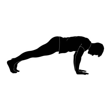 Siyah bir siluet, tahta pozisyonunda, sağa bakan bir adam. Vücudu, elleri ve ayak parmakları tarafından desteklenen tepeden tırnağa düz bir çizgide uzanıyor. O bir tişört ve şort giyiyor. Arkaplan beyaz.