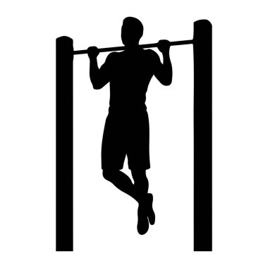 Yatay bir çubukta barfiks egzersizi yapan siyah bir siluet. Adam merkezde konumlanmış, çubuğu elleriyle kavrıyor. O şort giyiyor. Yatay çubuk iki dikey gönderi tarafından desteklenir, basit bir grafik r oluşturur