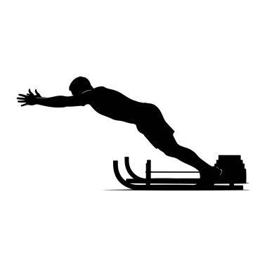Ağırlıklı bir kızağı ileri iten bir adamın siyah silueti. Adam elleri açık ve kolları açık bir şekilde öne doğru eğiliyor, kızağın saplarını tutuyor. Kızağın ağırlık ve kavisli koşucular için bir platformu var. Resim basit bir vektör illüstrattır