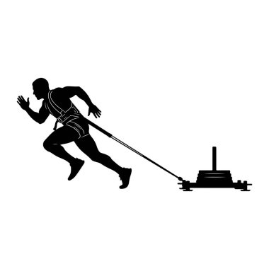 Koşan bir pozisyonda koşan, koşum takımı takan ve ağırlıklı bir kızağı çeken kaslı bir adamın siyah silüeti. Kızağın dikey bir barı var ve tekerlekli gibi görünüyor. Görüntü tamamen siyah ve beyaz, temiz beyaz arkaplan, eylemi vurguluyor...
