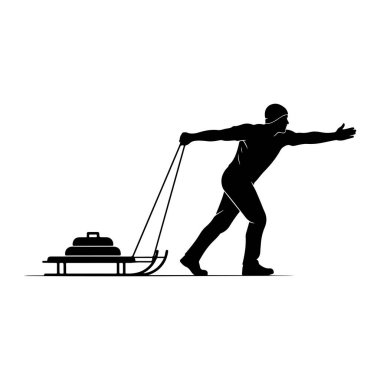 Kümelenmiş eşyalarla dolu bir kızağı çeken şapkalı bir adamın siyah silueti tasvir ediliyor. Adam öne eğiliyor, bir kolu açık ve diğeri kızağa bir ip çekiyor. Kızağın düz tabanı ve kıvrımlı koşucuları var. 