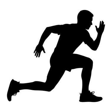 Beyaz bir arkaplana karşı koşan bir adamın siyah silueti. Vücudu öne doğru eğiliyor, bir bacağı arkaya uzanıyor ve diğeri de dizine eğiliyor. Kolları koşmak için pozisyonda, bir eli havada, diğeri arkada. O iyi.