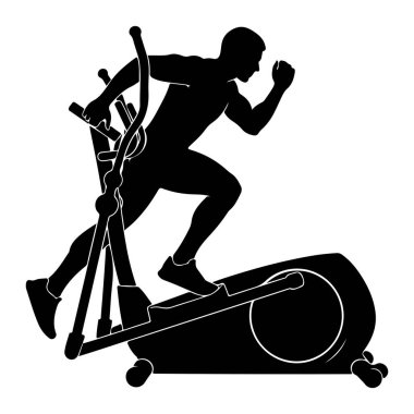 Bir adamın siyah silueti eliptik bir egzersiz makinesinde hareket halinde tasvir edilir. Adamın bedeni öne doğru açılıdır, bir bacağı açılıdır ve diğeri eğilmiştir, koşan adımları taklit eder. Kolları da hareket ediyor, tek eliyle kavrıyor. 