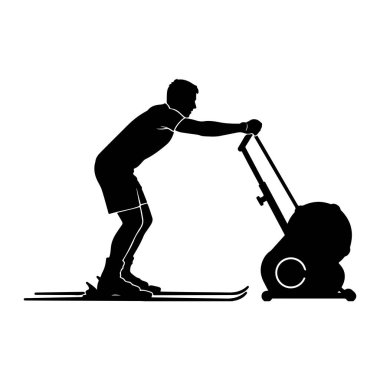 Sabit bir egzersiz makinesinin kulplarına tutunan kayaklı bir adamın siyah silueti. Adam öne eğiliyor, hareket ediyor gibi görünüyor. Makinenin büyük dairesel bir elementi ve sapları var. Resim basit bir grafik illüstrasyonudur.
