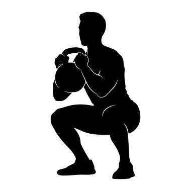 Kettlebell ile çömelme egzersizi yapan siyah bir siluet. Adam derin bir çömelme yerinde, iki eli göğsünün önünde kettlebell 'i tutuyor. Görüntü, beyaz bir arkaplana karşı temiz ve izole bir siluettir.