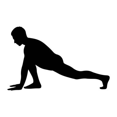 Siyah bir erkek silueti, beyaz bir arkaplana karşı esneme pozisyonunda gösterilir. Sol bacağı öne doğru uzanıyor, dizleri bükülüyor ve elleri yere konuyor. Sağ bacağı geriye doğru uzanıyor, vücudu öne doğru eğiliyor..