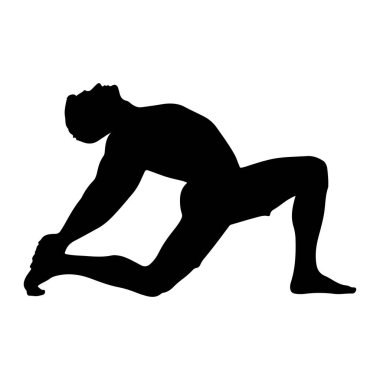 Bir adamın siyah silueti dinamik yoga pozunda yakalanır. Vücudu derin bir gerilme ile bükülmüş, bir bacağı dizinde öne eğilmiş, diğeri de arkaya doğru uzamış, ayağı kalça kaslarına doğru çekilmiş. Gövdesi geriye doğru kavisli ve...