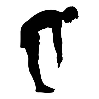 Bir adamın siyah silueti aşağı doğru gerilmiş bir şekilde gösterilir. Sırtı kıvrımlı ve kolları yere doğru gevşek bir şekilde sallanıyor, bir eli aşağıya uzanıyor. O yalınayak ve şort giyiyor. Arkaplan düz beyaz.