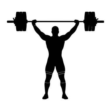 Kaslı bir atletin siyah silueti kolları yukarıda ağır bir halter tutarak ayakta duruyor. Sporcu şort ve diz kolları da dahil olmak üzere atletizm kıyafeti giyiyor. Halterin her iki ucunda büyük ağırlık plakaları var. Görüntü temiz, gr