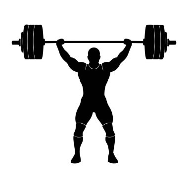 Kaslı bir atletin siyah bir silueti ağır bir halteri kaldırırken resmedilir. Sporcu bir atlet ve diz kolları giyiyor, kolları tamamen ağırlığı destekliyor. Halterin her iki tarafında birden fazla ağırlık plakası var. Görüntü...